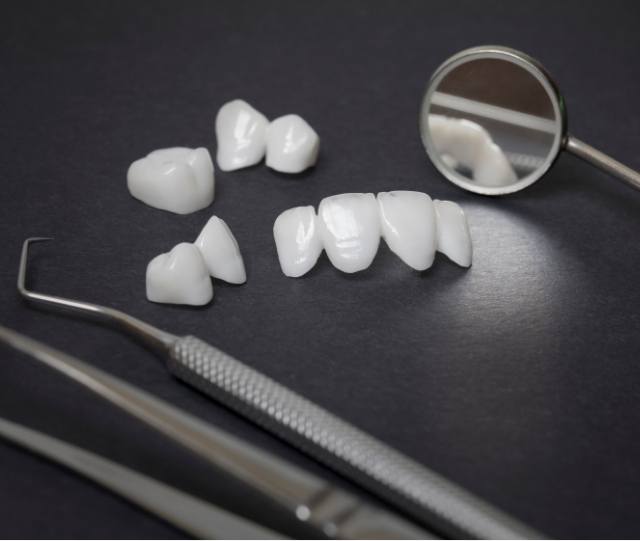 Metal free restorations lying next to dental instruments